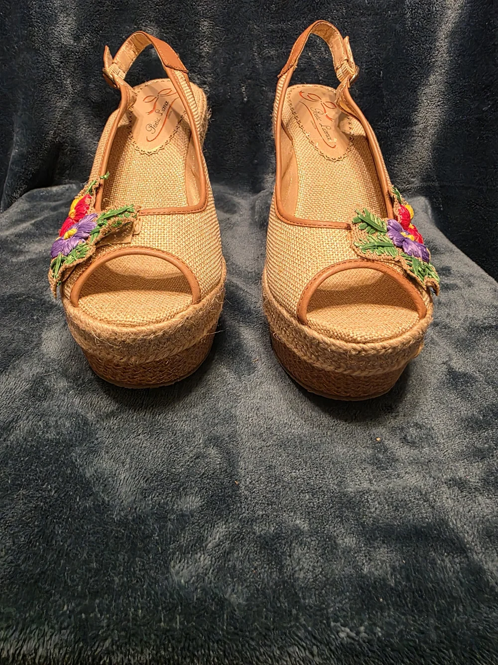 Poetic License Tan Espadrille Wedges with Red Purple Yellow Floral Embroidery